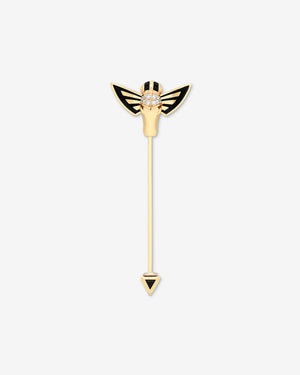 Stephen Webster Jitterbug Horse Fly lapel pin in 18 ct yellow gold with black spinel and white-diamond pavé — front view