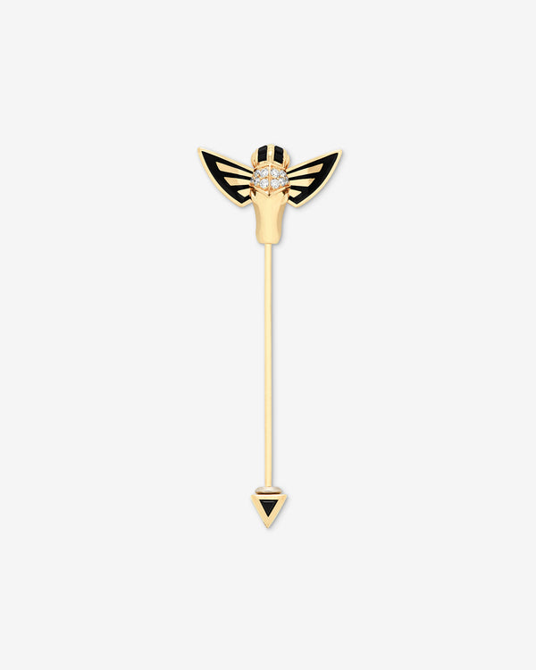 Stephen Webster Jitterbug Horse Fly lapel pin in 18 ct yellow gold with black spinel and white-diamond pavé — front view
