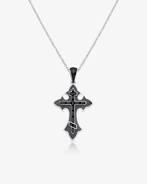 Stephen Webster Thorn Enamel Cross pendant in 18 ct white gold with enamel and black spinel — front view showing cross shape and contrast details