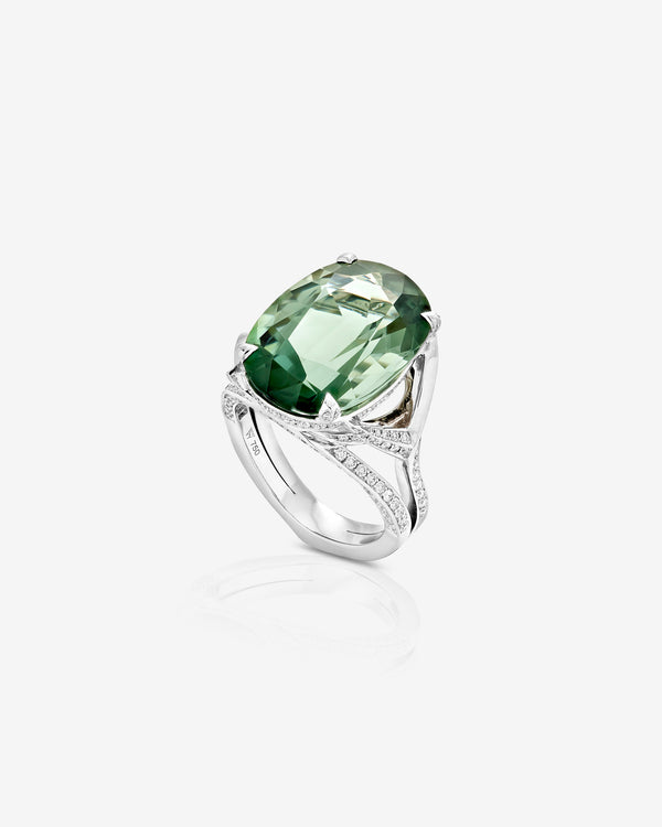 Thorn Embrace Green Tourmaline Thorn Cocktail Ring in 18 ct white gold with green tourmaline centre and white diamond pavé, luxury fine jewellery
